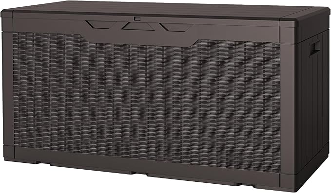 JUMMICO 100 Gallon Resin Deck Box, Waterproof Outdoor Storage Box with Lockable Lid for Garden Tools, Patio Cushions (Brown) by JUMMICO