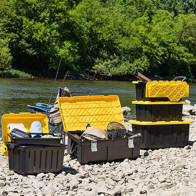 HOMZ 4-Pack Durabilt Tote, Heavy Duty Plastic Storage Bins with Lids, 27 Gallon, Black/Yellow - Stackable Organizing Containers for Home, Garage, and Shed - Image 8