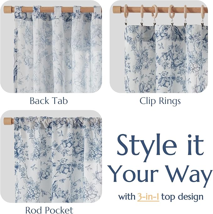 jinchan Linen Floral Curtains for Living Room 84 Inch Length Blue Printed Flower French Country Curtain Farmhouse Cottage Core Toile Curtains Back Tab Light Filtering Window Drapes Set 2 Panels - Image 4