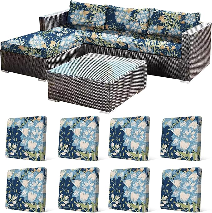 8Pcs Stretch Patio Cushion Cover, Printed Couch & Sofa Slipcovers for Patio Furniture Cushions Washable Reusable Couch Covers Replacement for Autumn Winter (Dark Blue Floral, Cover Only) by CALBODE