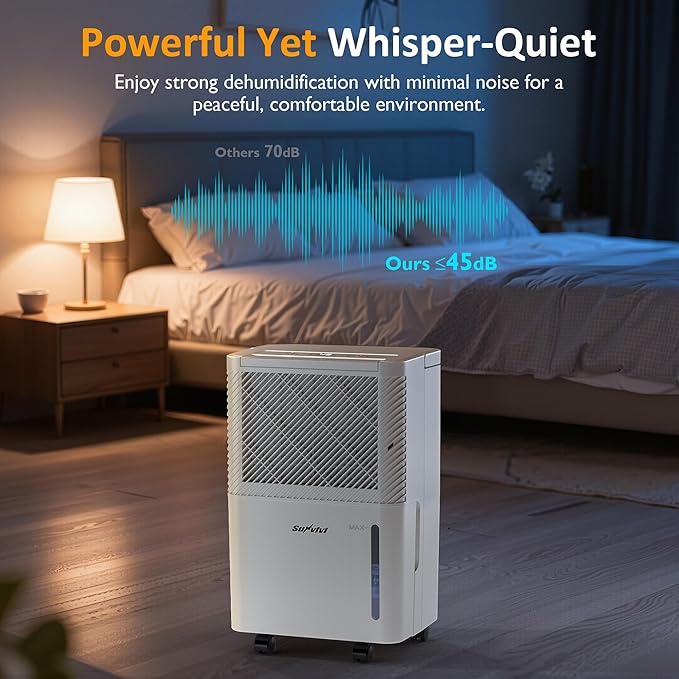 Sunvivi 22 Pints Dehumidifier for Home, 1500 Sq.Ft Dehumidifiers with 71OZ Water Tank, Drain Hose for Basement, Bedroom, Bathroom, RV, Garage, Living room, 360° Rotatable Wheels, 24H Timer, White - Image 5