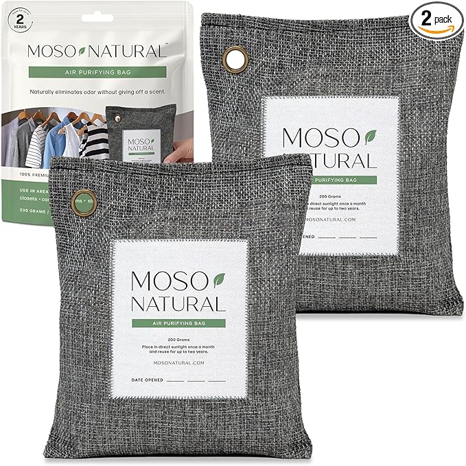 Moso Natural Air Purifying Bag 200g (2 Pack) HGTV Editor's Pick | Premium Bamboo Charcoal Odor Absorber for Home & Car | Closet Odor Eliminator & Car Air Freshener | Long Lasting Charcoal Bags by MosoNatural