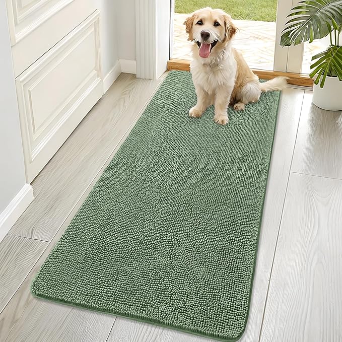 OLANLY Dog Door Mat for Muddy Paws 70x32, Absorbs Moisture and Dirt, Absorbent Non-Slip Washable Doormat, Quick Dry Chenille Mud Mat, Entry Indoor Entryway Carpet for Inside Floor, Olive Green by OLANLY
