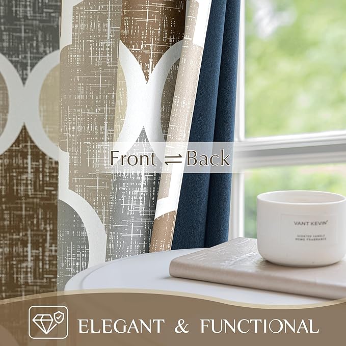 Beauoop 100% Blackout Curtains 96 Inches Long 2 Panels for Bedroom Living Room Brown Grey Moroccan Geo Room Darkening Thermal Insulated Soundproof Grommet Top Window Treatments Drapes, 50x96 Set of 2 - Image 3