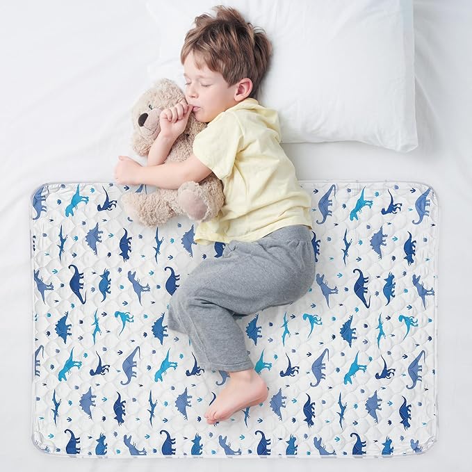 Organic Incontinence Pads for Kids & Toddlers - 5 Layer Waterproof Protectors for Overnight Bed Wetting - Reusable & Washable Pee Pads - Fits Twin to Full Size Beds - 34" x 52" Dinosaur by Wovenx