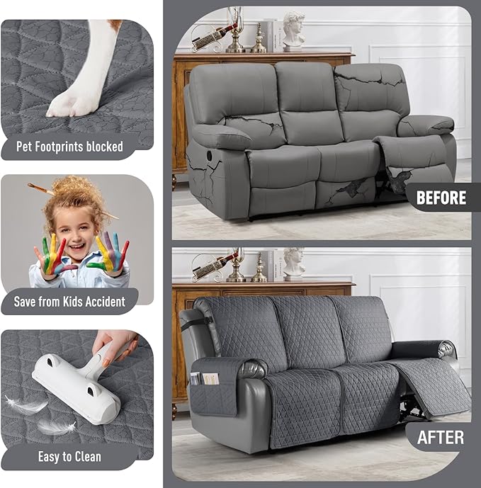TAOCOCO 100% Waterproof Recliner Cover, Non-Slip Washable Reclining Couch Cover with Elastic Leg Straps, Furniture Protector for Dogs (Dark Gray, 3 Seater) - Image 2