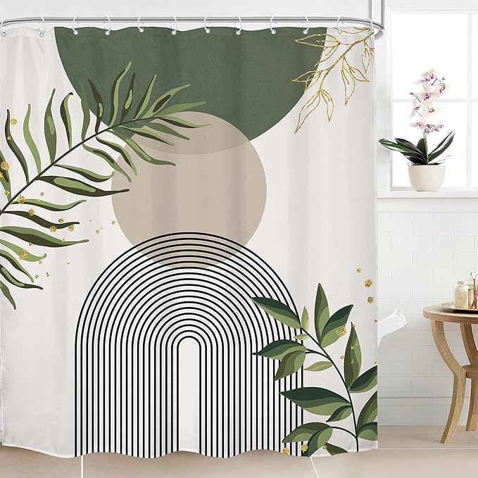 Sage Green Boho Shower Curtain 72Wx78H Modern Abstract Green Gold Leaves Bohemian Plant Botanical Minimalist Arch Bathroom Decor Geometric Neutral Bath Curtain Fabric Polyester 12 Pack Hook by MitpokBrand