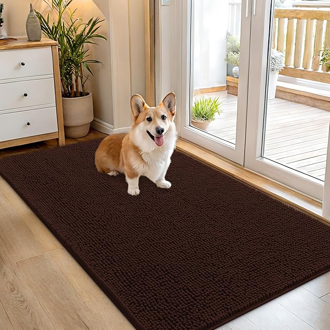 OLANLY Dog Door Mat for Muddy Paws 54x32, Absorbs Moisture and Dirt, Absorbent Non-Slip Washable Doormat, Quick Dry Chenille Mud Mat for Dogs, Entry Indoor Entryway Carpet for Inside Floor, Brown by OLANLY