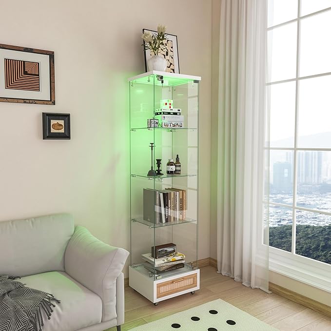 Yoluckea 4-Tier Glass Display Cabinet with LED Lighting and Drawer, 1-Door Floor Standing Curio Cabinet with Wheel for Home, Office, Corner Display, White Glass Bookshelf for Collections and Decor - Image 3