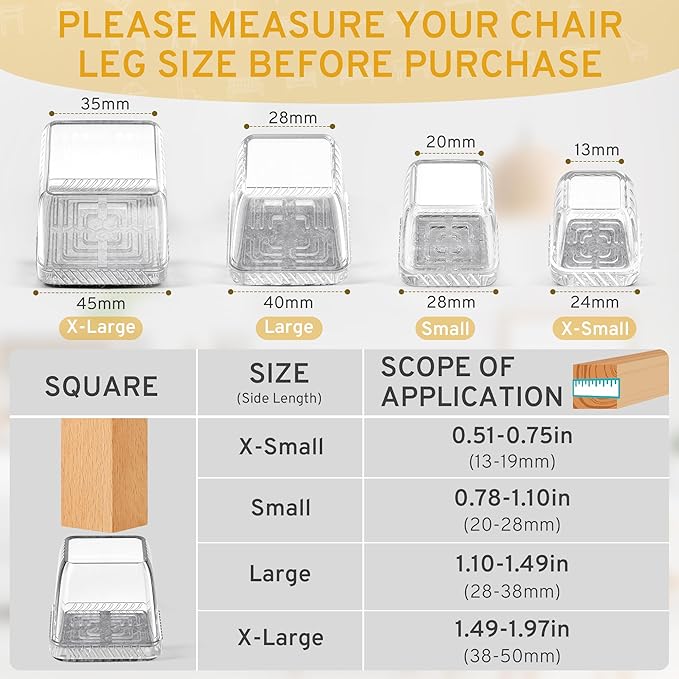 24PCS Square Chair Leg Floor Protectors, Furniture Sliders, Chair Leg Protectors for Hardwood Floors, Non-Slip Felt Furniture Pads, Silicone Cap Covers to Protect Floors, (Fit 1.1" - 1.5") - Image 3
