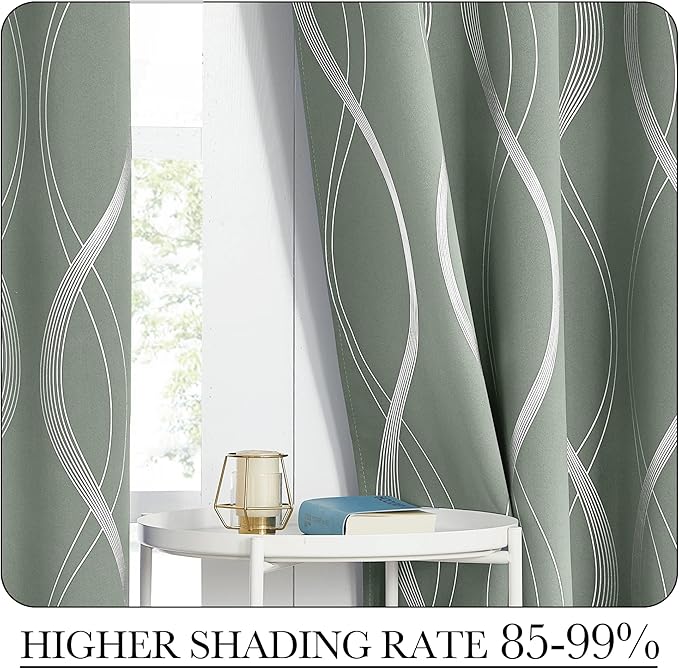 NICETOWN Greyish Green Curtain Panels for Bedroom, 2 Panels, 52 x 84 inch, Thermal Insulated Wave Line Foil Print Design Drapes for Patio Sliding Glass Door Spring Home Decor - Image 4