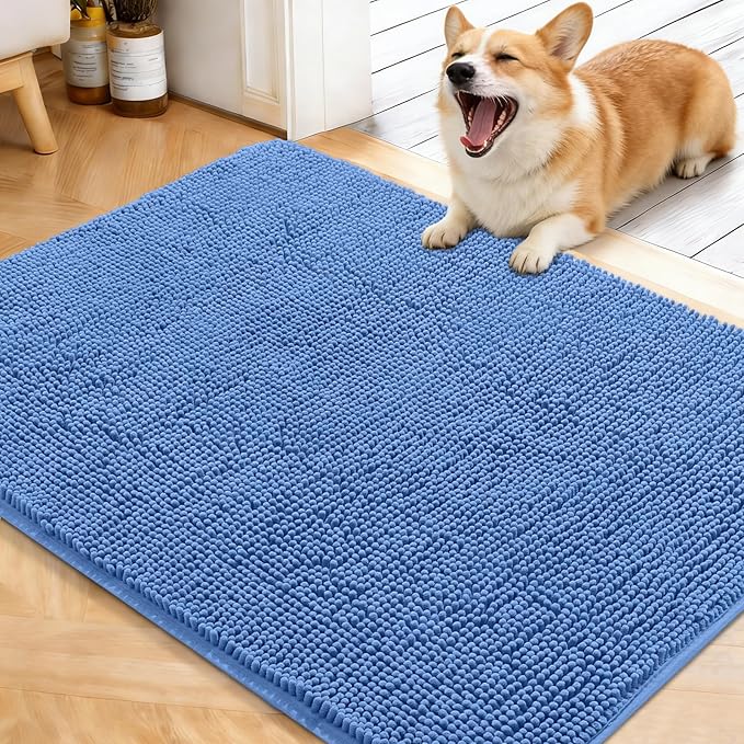 OLANLY Dog Door Mat for Muddy Paws 40x32, Absorbs Moisture and Dirt, Absorbent Non-Slip Washable Doormat, Quick Dry Chenille Mud Mat, Entry Indoor Entryway Carpet for Inside Floor, Cornflower Blue by OLANLY