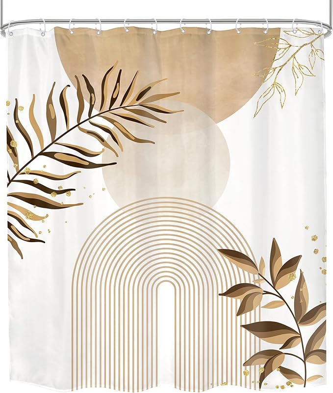 Beige Boho Shower Curtain 60Wx72H Bohemian Abstract Modern Mid Century Leaves Minimalist Contemporary Plant Cream Bathroom Decor Arch Simple Neutral Bath Curtain Fabric Polyester 12 Pack Hooks - Image 8