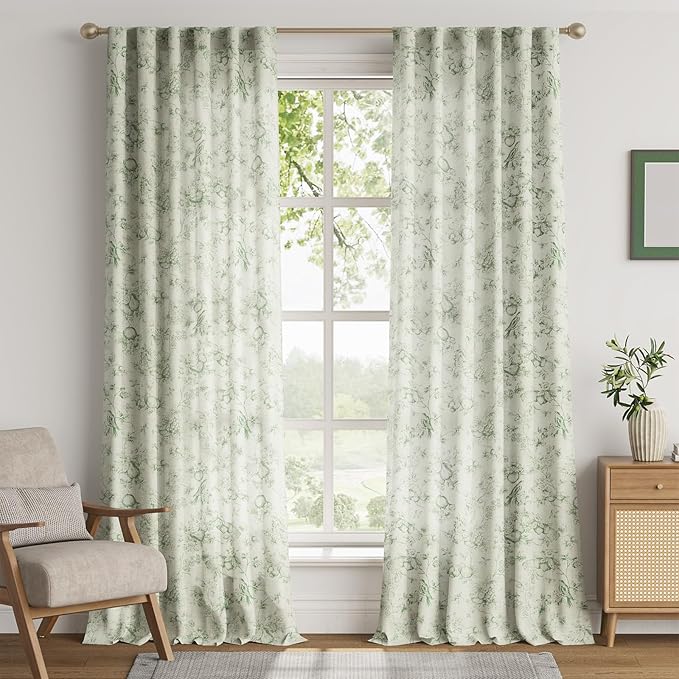 jinchan Linen Floral Curtains for Living Room 96 Inch Long Sage Green Printed Flower French Country Curtain Farmhouse Cottage Core Toile Curtains Back Tab Light Filtering Window Drapes Set 2 Panels - Image 2