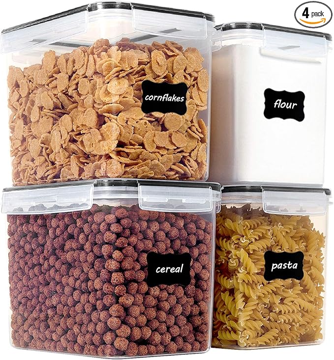 Vtopmart Food Storage Containers 3.3 quart / 3.6L, 4 Pieces BPA Free Plastic Airtight Canister for Flour, Sugar, Baking Supplies, with 4 Measuring Cups and 24 Labels,Black by Vtopmart