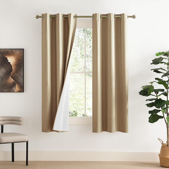 NICETOWN 100% Absolutely Blackout Linen Curtains with Thermal Insulated White Liner, Camel, W42 x L72, 2 Panels, Long Curtains 72 inch Length for Patio Door, Doorway, Office, Overnight Shiftworker by NICETOWN