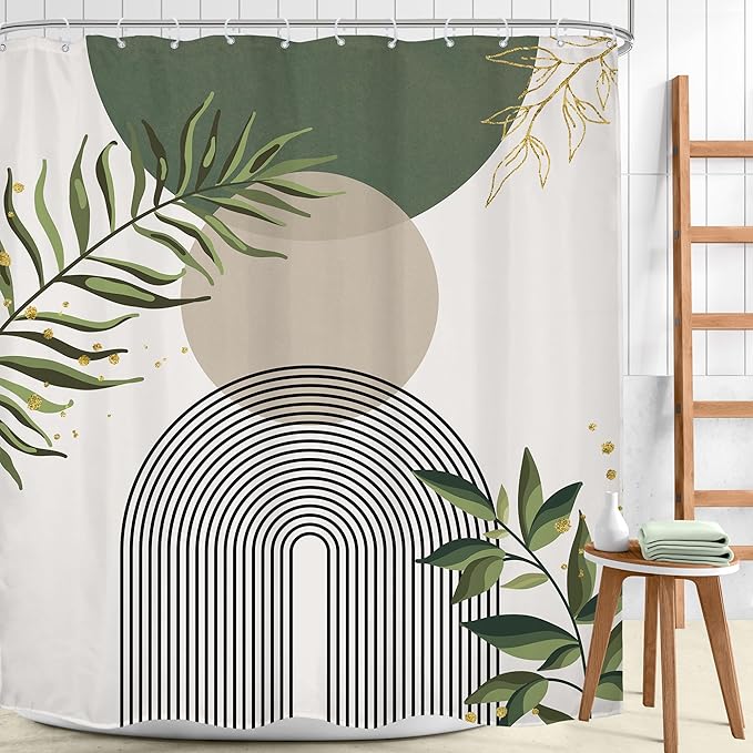 Sage Green Boho Shower Curtain 72Wx78H Modern Abstract Green Gold Leaves Bohemian Plant Botanical Minimalist Arch Bathroom Decor Geometric Neutral Bath Curtain Fabric Polyester 12 Pack Hook - Image 2
