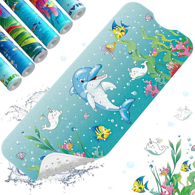 XIYUNTE Baby Bath Mat for Tub Non Slip Kids Bath Mat - 40''x16'' Extra Long Cartoon Bathtub Mat Non Slip Kids Shower Mat Eco-Friendly Toddler Bath Mats with Suction Cups, Machine Washable by XIYUNTE