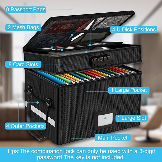 RHM Fireproof Document Box with Lock, 2 Layer Fire Proof File Box for Documents with Handle, Portable Home Office Fire Safe Document Box for Hanging Letter/Legal Folder/Certificate - Image 3
