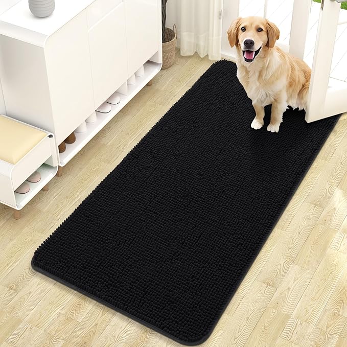 OLANLY Dog Door Mat for Muddy Paws 47x24, Absorbs Moisture and Dirt, Absorbent Non-Slip Washable Doormat, Quick Dry Chenille Mud Mat for Dogs, Entry Indoor Entryway Carpet for Inside Floor, Black by OLANLY