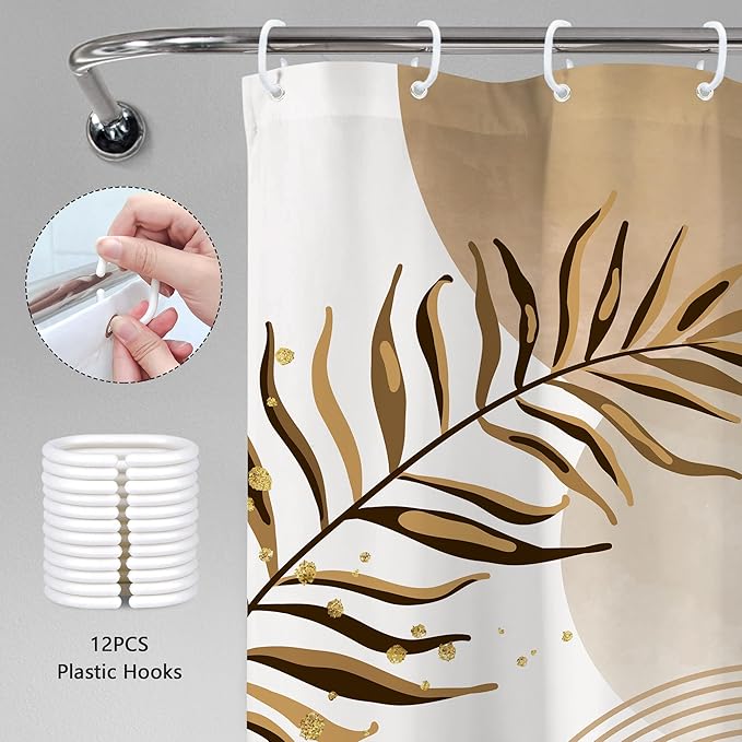 Beige Boho Shower Curtain 60Wx72H Bohemian Abstract Modern Mid Century Leaves Minimalist Contemporary Plant Cream Bathroom Decor Arch Simple Neutral Bath Curtain Fabric Polyester 12 Pack Hooks - Image 6