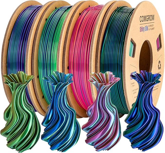Comgrow Silk Shiny Rainbow Multi-Color 3D Printer Filament, Comgrow 3D Printing Materials Silk PLA 1.75mm, 3D Printing Filament +/-0.02mm, 250g X 4 Spool by Comgrow