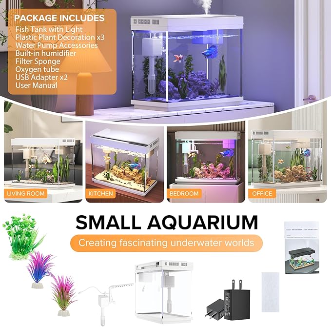 Fish Tank 2.4 Gallon Aquarium Kit with Humidifier 7-Color Auto-Looping 3 in 1 Quiet Pump with Filteration & Oxygenation & Circulation, Temperature Display, HD Glass - Image 8