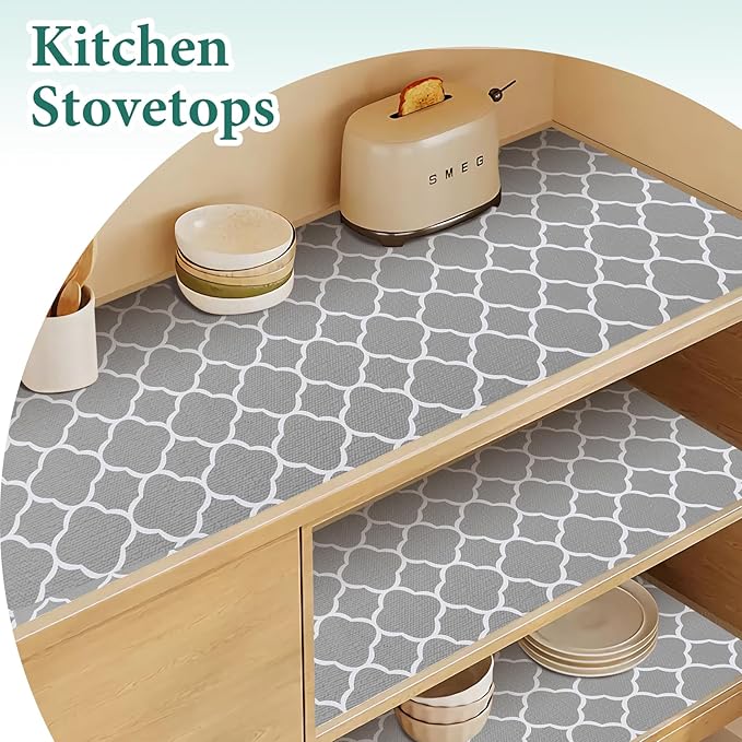 Shelf Liners for Kitchen Cabinets 17in x 30FT Non Adhesive Drawer Liner Gray Quatrefoil Thickened Shelf Liner Paper Strong Non-Slip Easy to Clean for Tool Box Refrigerator with Knife and Tape Measure - Image 3