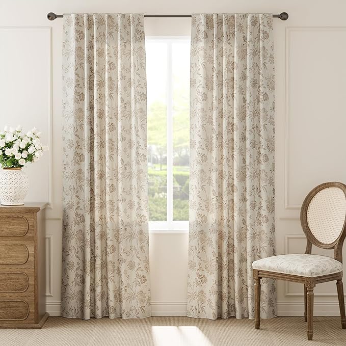 jinchan Linen Floral Curtains for Living Room with Printed Flower 84 Inches Long Light Filtering French Country Back Tab Rod Pocket Taupe Window Curtain Set Farmhouse Drapes 2 Panels Taupe - Image 2
