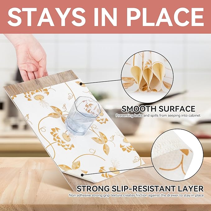 RAY STAR Shelf Liner, Non Adhesive Golden Leaves Floral Kitchen Cabinet Liner for Pantry Drawer Vanity, Strong Grip Non Slip, Shelf Liners for Kitchen Cabinets Cupboard 12 Inch x 10 FT (3 Rolls) - Image 3