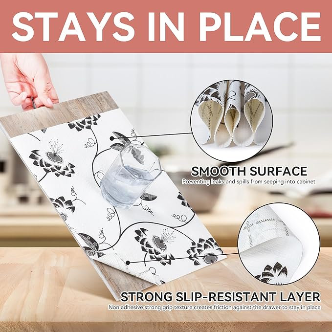 RAY STAR Shelf Liner, Non Adhesive Black Leaves Floral Cabinet Liner for Pantry Drawer, Non Slip, Shelf Liners for Kitchen Cabinets Cupboard 12 Inch x 10 FT (8 Rolls) Signature Delivery - Image 4