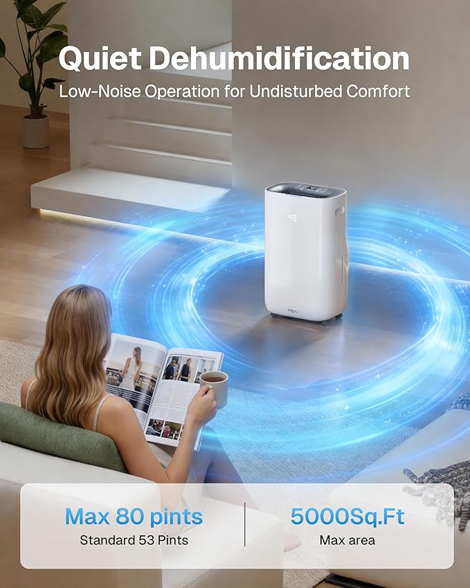 4500 Sq.Ft Dehumidifier for Basement and Large Rooms Max 80 Pint/Day Dehumidifiers with Drain Hose Smart Humidity Control 1.71Gallon Water Tank 24h Timer for Home, Bedroom, RV, Bathroom, - Image 3