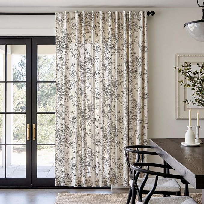 jinchan Linen Floral Curtains 100 Inch Extra Wide for Patio Sliding Glass Door Room Divider Curtain for Living Room 90 Inch Length Farmhouse Peony Black Printed Curtain Set 1 Panel - Image 2