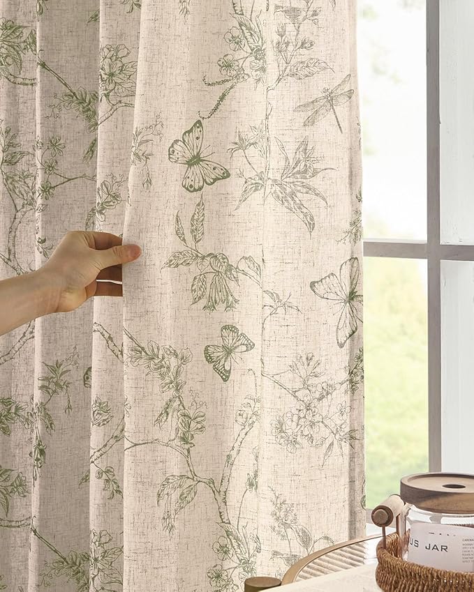 jinchan Floral Linen Curtains for Living Room 84 Inch Length Butterfly Curtain Sage Green Floral Curtains French Country Farmhouse Curtain Flower Patterned Drapes Window Treatment Set 2 Panels - Image 3