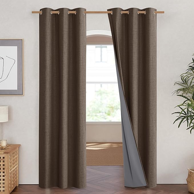 NICETOWN Coffee Vintage Linen 100% Blackout Curtains for Living Room, Thermal Insulated Curtains 90" Long, Noise Reducing Window Treatment Drapes for Hall Room, 42" Wide Per Panel, Set of 2 - Image 2