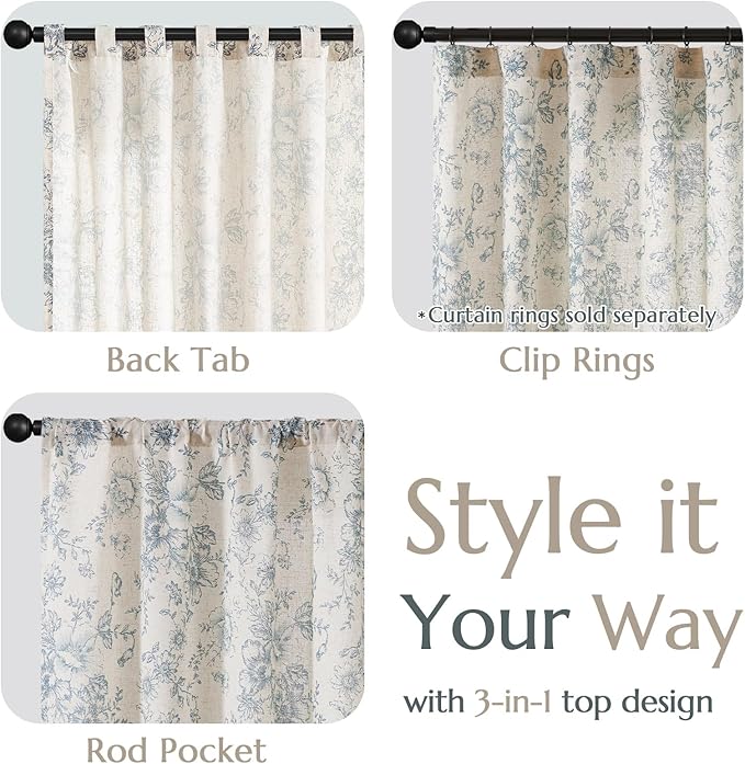 jinchan Linen Blend Curtain Floral Curtains for Living Room 90 Inch Length Blue Printed Curtain Rod Pocket Back Tab Farmhouse Peony Flower Patterned Drapes Bedroom Window Curtains Set 2 Panels - Image 4