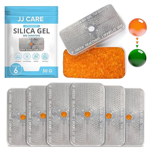 JJ CARE Silica Gel Canister, 50g [Pack of 6] - (Orange to Green) Indicating Rechargeable Dehumidifier Desiccant Beads, Safe Moisture Absorber, Ammo Can Dehumidifier for Gun Safe, Vault, Bedroom, Car by JJCARE