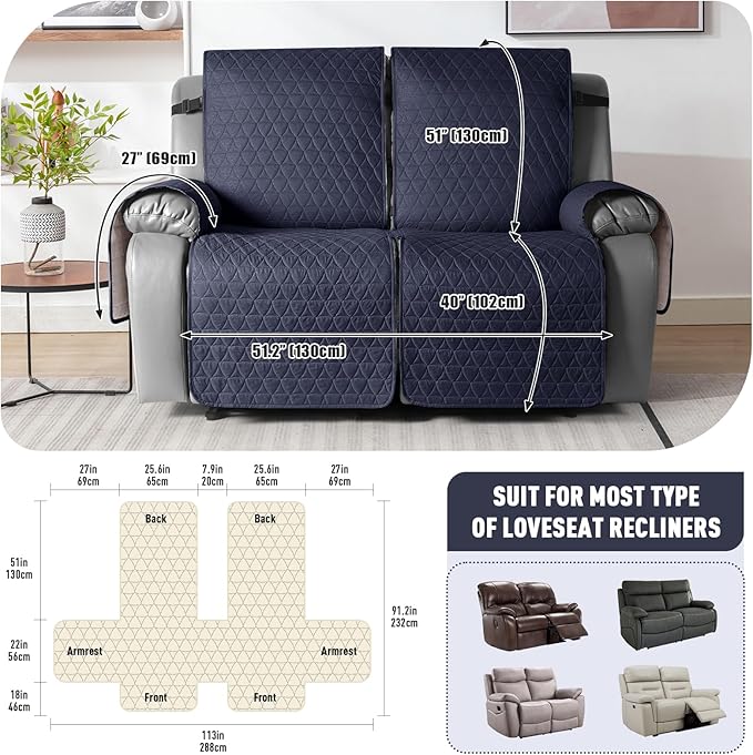 TAOCOCO 100% Waterproof Recliner Cover, Non-Slip Washable Reclining Couch Cover with Elastic Leg Straps, Furniture Protector for Dogs (Dark Blue, 2 Seater) - Image 3