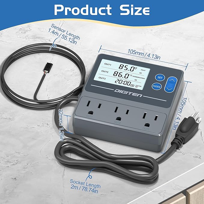 Digital Temperature Humidity Controller Pre-Wired Outlets for Mushroom, Reptile, Heating/Cooling On Outlet 1, Humidifier/Dehumidifier On Outlet2, Timer On Outlet 3 - Image 7