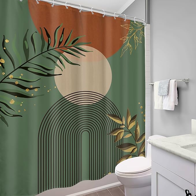 Boho Dark Green Shower Curtain 60Wx72H Abstract Bohemian Mid Century Minimalist Teal Gold Leaf Arch Geometric Plant Neutral Bathroom Decor Botany Bath Curtain Fabric Polyester 12 Pack Hooks - Image 4