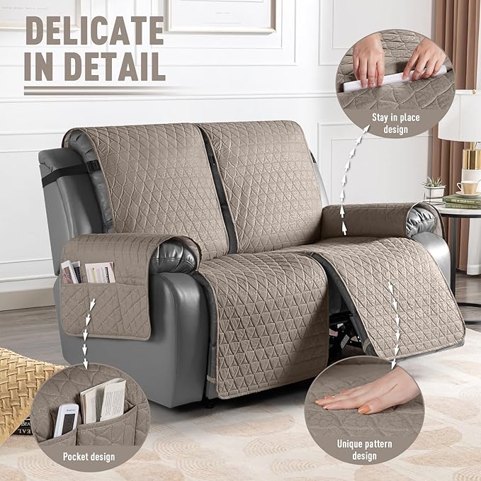 TAOCOCO 100% Waterproof Recliner Cover, Non-Slip Washable Reclining Couch Cover with Elastic Leg Straps, Furniture Protector for Dogs (Taupe, 2 Seater) - Image 6