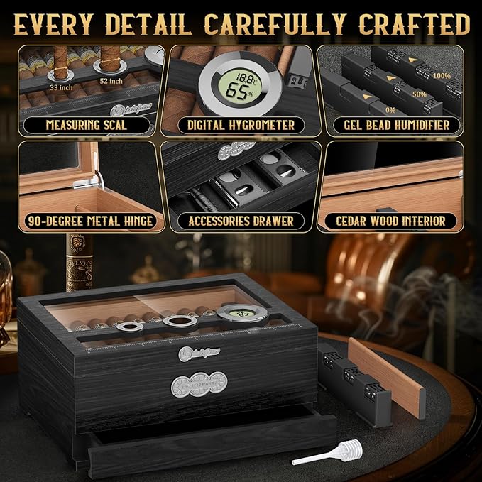 Cigar Humidor, Glass Top Desktop Humidor Box, Cigar Gifts for Men, Cedar Wood Cigars Case with Digital Hygrometer, Humidifier, Measuring Scale and Cigars Accessories Drawer - Image 3