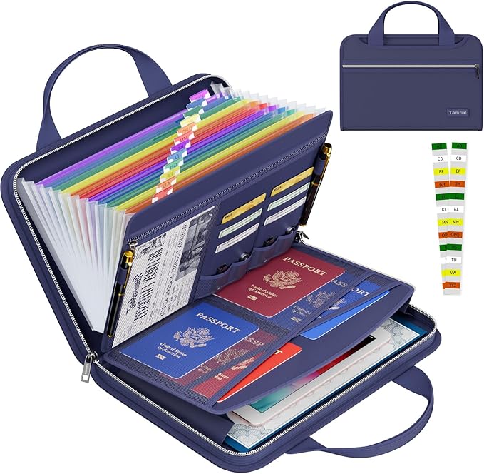 Tamfile Fireproof Accordion File Organizer with Handle, 13 Pocket Colorful Expanding File Folder with Zipper & Labels, File Folder with Multi-Pockets Paper Organizer Folder for Letter A4 Files (Blue) by Tamfile