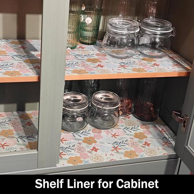 Simple Non-Slip Shelf Liner, Non-Adhesive and Strong Non-Slip Floral Shelf Cabinet Drawer Liners for Kitchen, Waterproof Cupboard Liners,Easy to Clean,12IN x 10FT,White and Colorful - Image 7