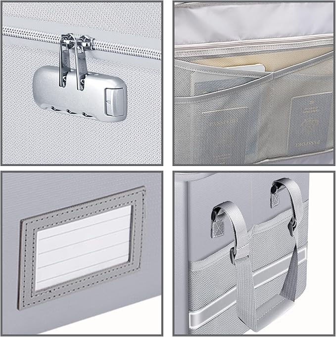ENGPOW File Box with Lock, Fireproof Document Box with Zipper＆Pockets, Collapsible File Organizer Filing Storage Cabinet with Handle, Portable Home Office Safe for Hanging Letter/Legal Folder,Silver - Image 9
