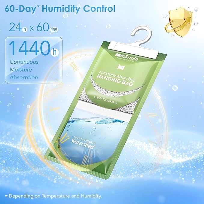 Moisture Absorbers 10 Pack Fresh Fragrance, Hanging Closet Dehumidifier Bags, Humidity Absorber, Compact Eliminates Odors Humidity Packs for Car, Bathroom, Bedroom, Basement, 9.8OZ - Image 5