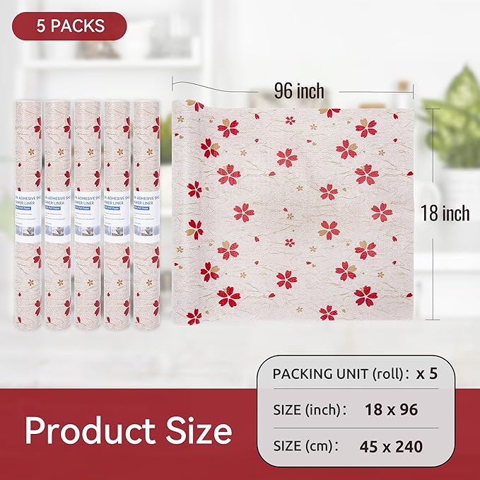 FIFTY FEET 18"x96" Non-Adhesive Shelf Liner for Kitchen Cabinets and Drawers, Washable Non-Slip PVC Cabinet Liner (Red Floral)(5 Roll) - Image 5