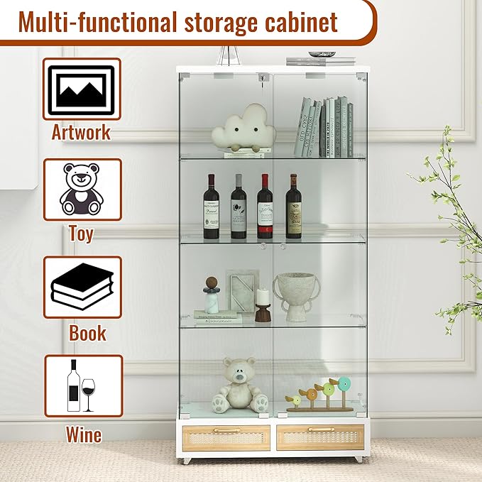 Yoluckea 4 Tier Glass Display Cabinet with LED Lighting and 2 Drawers, 2 Doors Floor Standing Curio Cabinet with Wheel for Home, Office, Corner Display, White Glass Bookshelf for Collections and Decor - Image 4