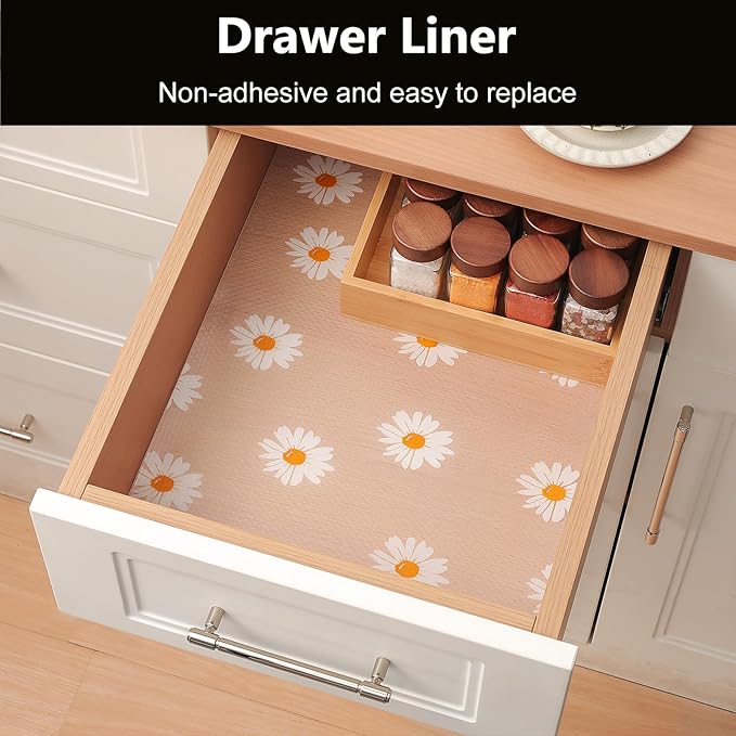 INNOLITES Shelf Liners for Kitchen Cabinets – Drawer Liner Waterproof & Oil-Proof, Non-Adhesive EVA with Floral Pattern – Durable Washable, Easy to Clean (Clean Daisy, 17.7" x 360") - Image 3
