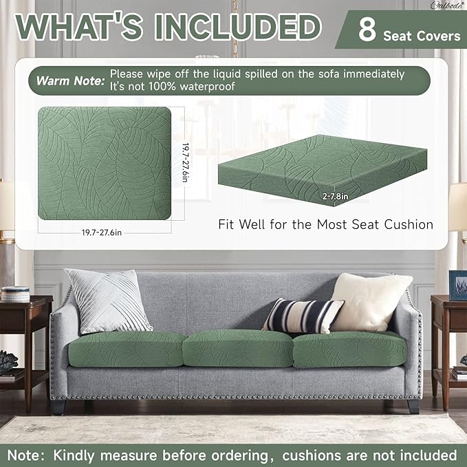 8Pcs Stretch Couch Cushion Covers, Water Resistant Outdoor Sofa Cuhsion Cover Replacement,Washable Outdoor Patio Chair Seat Cushion Covers for Furniture Protect (Sage Green, Leaf Textured) - Image 2